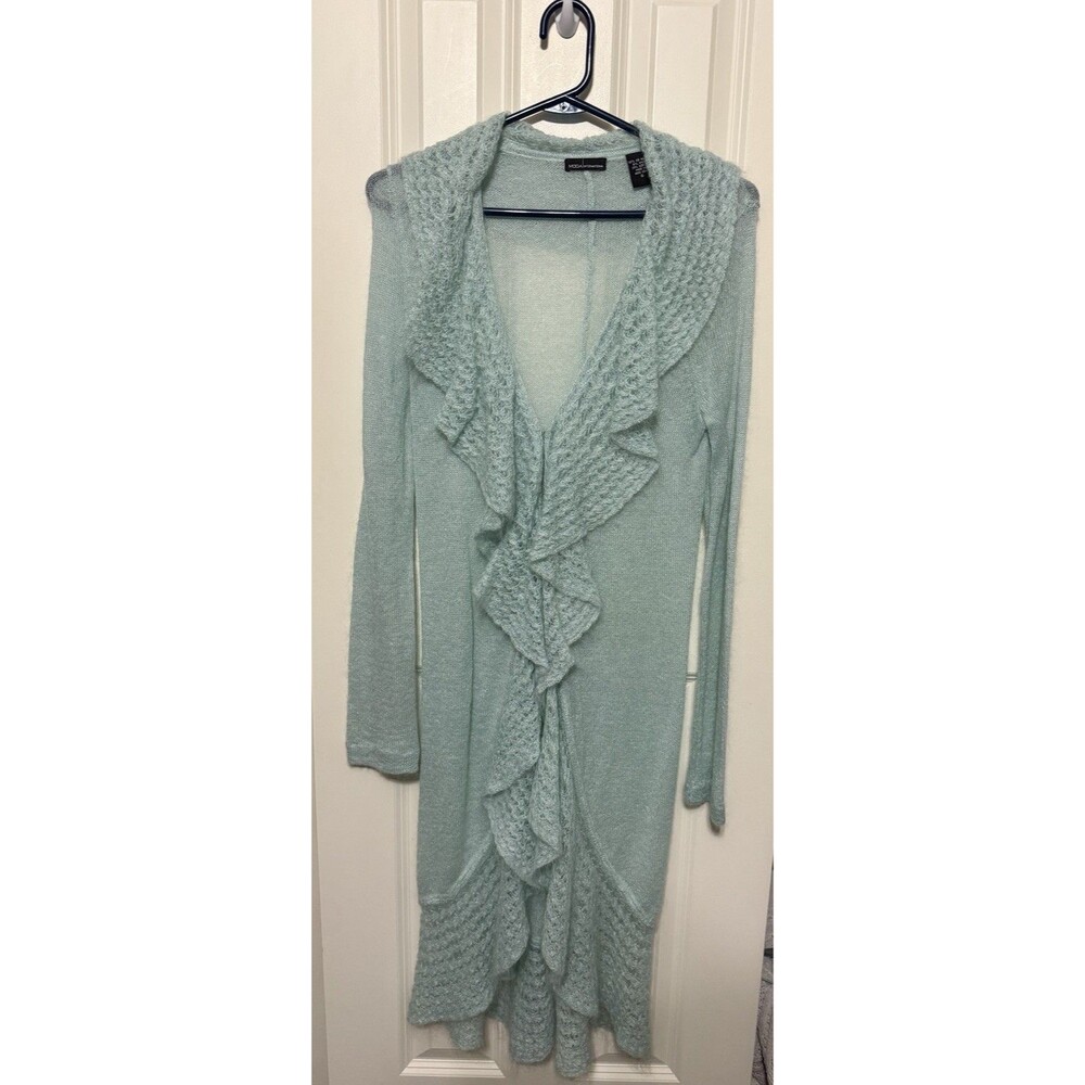 Vtg Moda International S Seafoam Mohair Blend Ruffle Longline Duster Cardigan